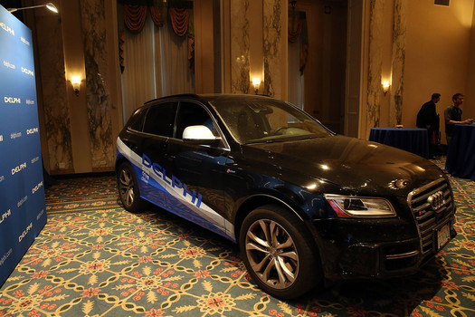 The driverless specially outfitted Audi Q5 sport-utility vehicle is displayed at the Waldorf Astoria following the car's return from a cross country trip, a first for a driverless vehicle, on April 2, 201 (Photo by Spencer Platt/Getty Images)